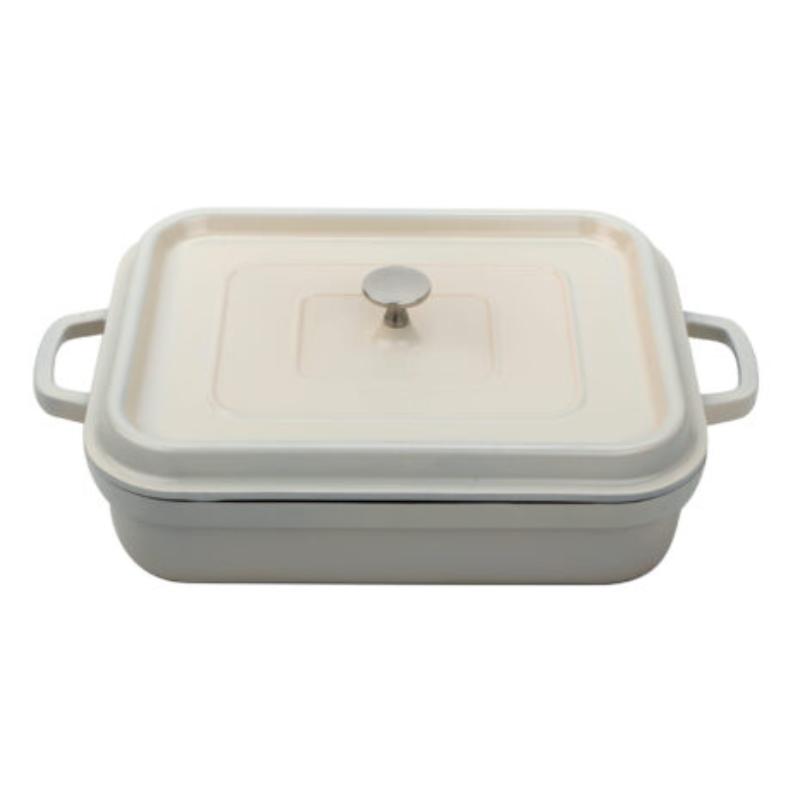 Picture of Winco CA-010-AWH-BK-CC 5 qt. Cast Aluminum Antique White with Clear Coat & Black Interior Induction Ready Rectangular Roaster with Lid - 5.25 qt. Rim-Full