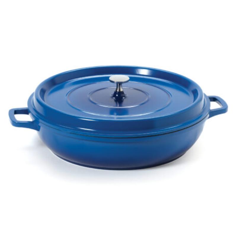 Picture of Winco CA-008-CB-BK-CC 4.5 qt. - 5 qt. Rim-Full - 12.63 in. Induction Ready Round Braiser & Paella with Lid, 2.88 in. Deep - Clear Coat - Cobalt Blue with Black Interior