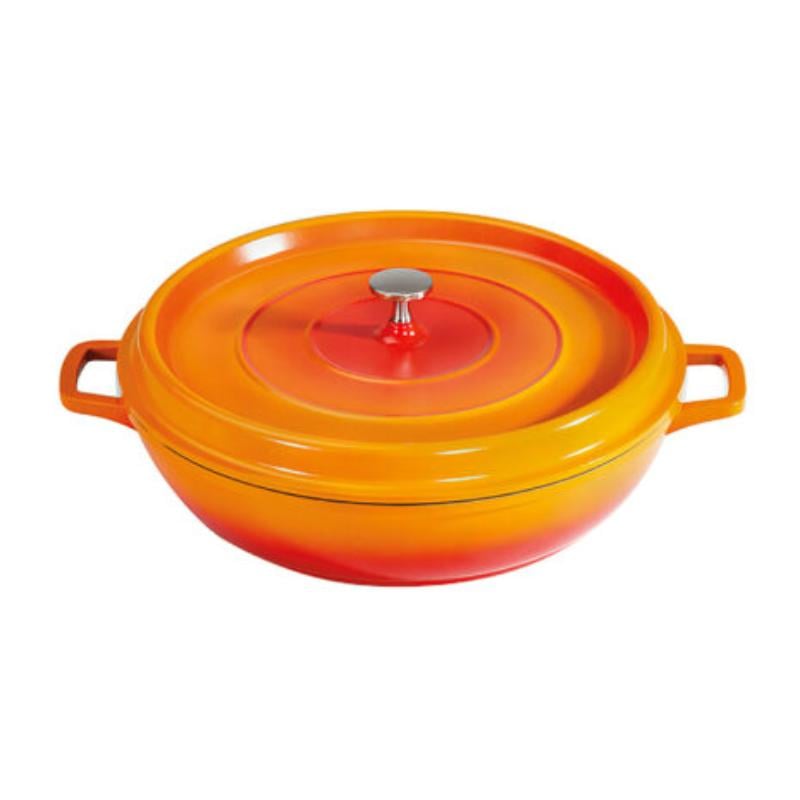 Picture of Winco CA-008-O-BK-CC 4.5 qt. - 5 qt. Rim-Full - 12.63 in. Induction Ready Round Braiser & Paella with Lid, 2.88 in. Deep - Clear Coat - Orange with Black Interior