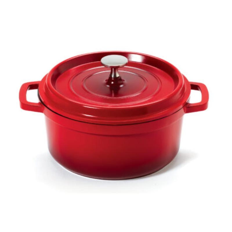 Picture of Winco CA-011-R-BK-CC 2.5 qt. - 2.8 qt. Rim-Full - 7.88 in. Induction Ready Round Dutch Oven with Lid, 3.5 in. Deep - Clear Coat - Red