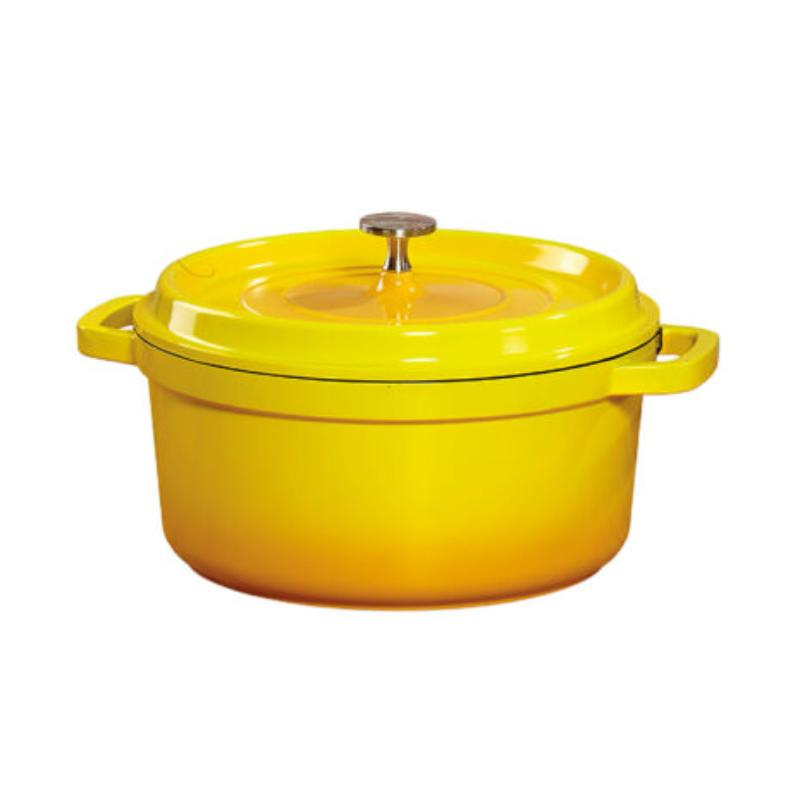 Picture of Winco CA-012-Y-BK-CC 4.5 qt. - 5 qt. Rim-Full - 9.5 in. Induction Ready Round Dutch Oven with Lid, 4.25 in. Deep - Clear Coat - Yellow with Black Interior