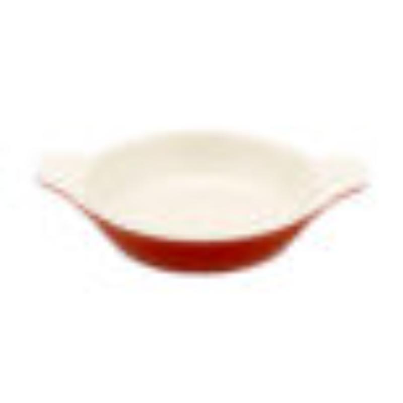 Picture of Winco CA-001-RW-CC 10 oz - 10.75 oz Rim-Full 5.75 in. Mini Induction Ready Round Pan - 7.5 in. with Handles, 1.25 in. Deep - Red with White
