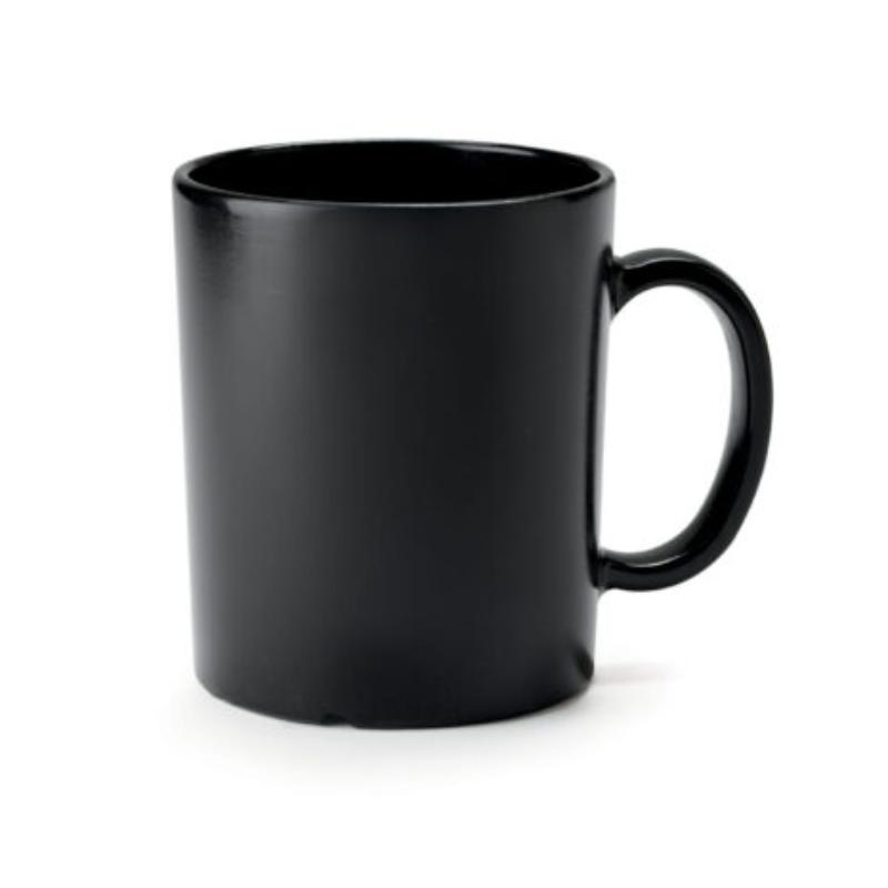 Picture of Winco TM-1310-BK 8 oz Tritan, Black, Coffee Mug with Handle - 10 oz Rim-Full, 3 in. Top Dia. - 4.25 in. Top Dia., with Handle, 3.5 in. Tall, 3.25 in. Deep, G.E.T. Cups & Mugs
