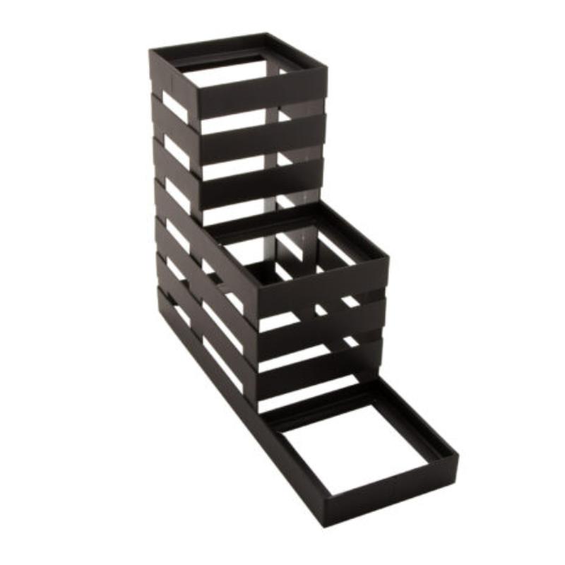 Picture of Winco MTS-36-MG 3 Tier Condiment Stand - Stair Step Design for 4 x 4 x 4 in. Square Bowls & Stainless Steel Flatware Cylinders, Gun Metal Grey, 12.5 x 4.25 x 9.75 in.