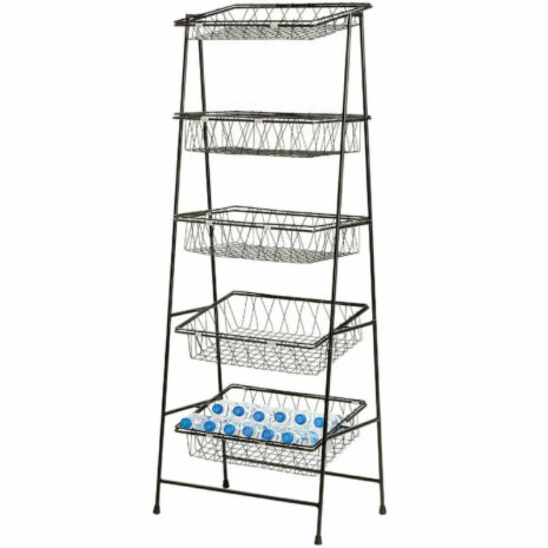 Picture of Winco IR-951-NOBAR-MG Five Tier Merchandising Rack without Top Crossbar, 21.5 x 14 x 57 in., Three Shelves Tilted, Two Middle Shelves Straight, Powder Coated Iron, Matte Metal Grey