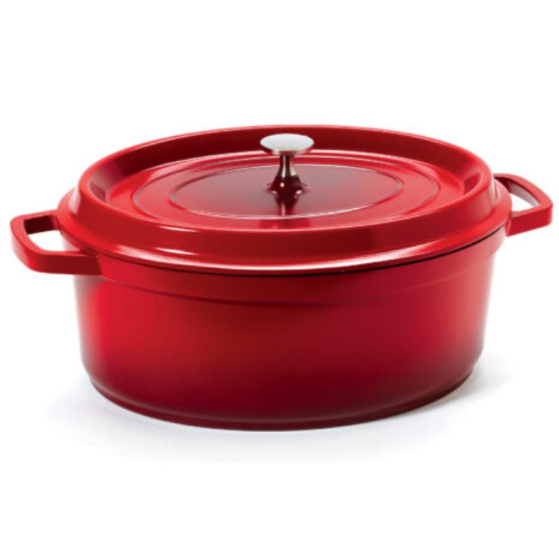 Picture of Winco CA-007-R-BK-CC 6.5 qt. - 7 qt. Rim-Full - 12.13 x 9.88 in. Induction Ready Oval Dutch Oven with Lid, 4.25 in. Deep - Clear Coat - Red