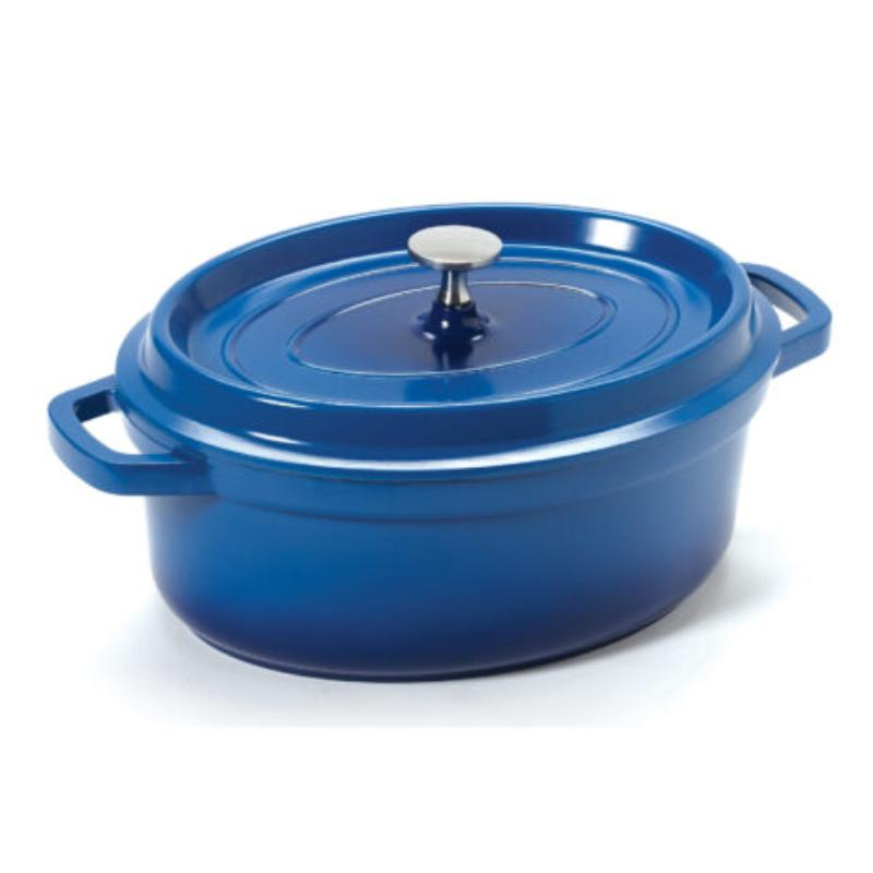 Picture of Winco CA-009-CB-BK-CC 3.5 qt. - 3.75 qt. Rim-Full - 10.25 x 7.88 in. Induction Ready Oval Dutch Oven with Lid, 3.5 in. Deep - Clear Coat - Blue