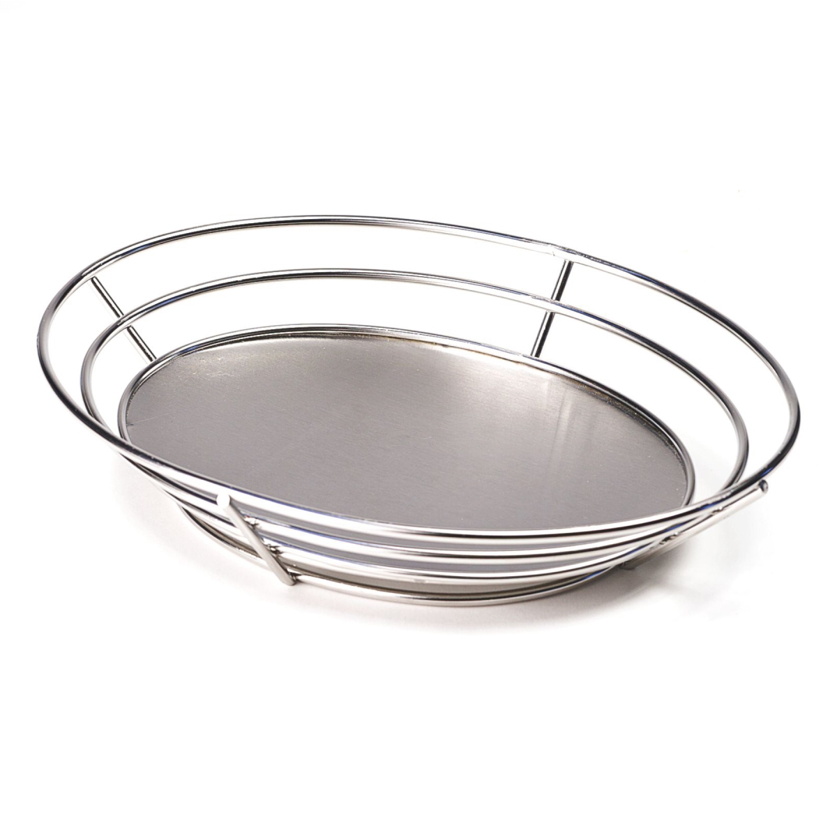 Picture of Winco 4-84855 12.5 x 9.25 in. Oval Basket with Raised Solid Bottom, 2.25 in. Tall - Stainless Steel - Each 12