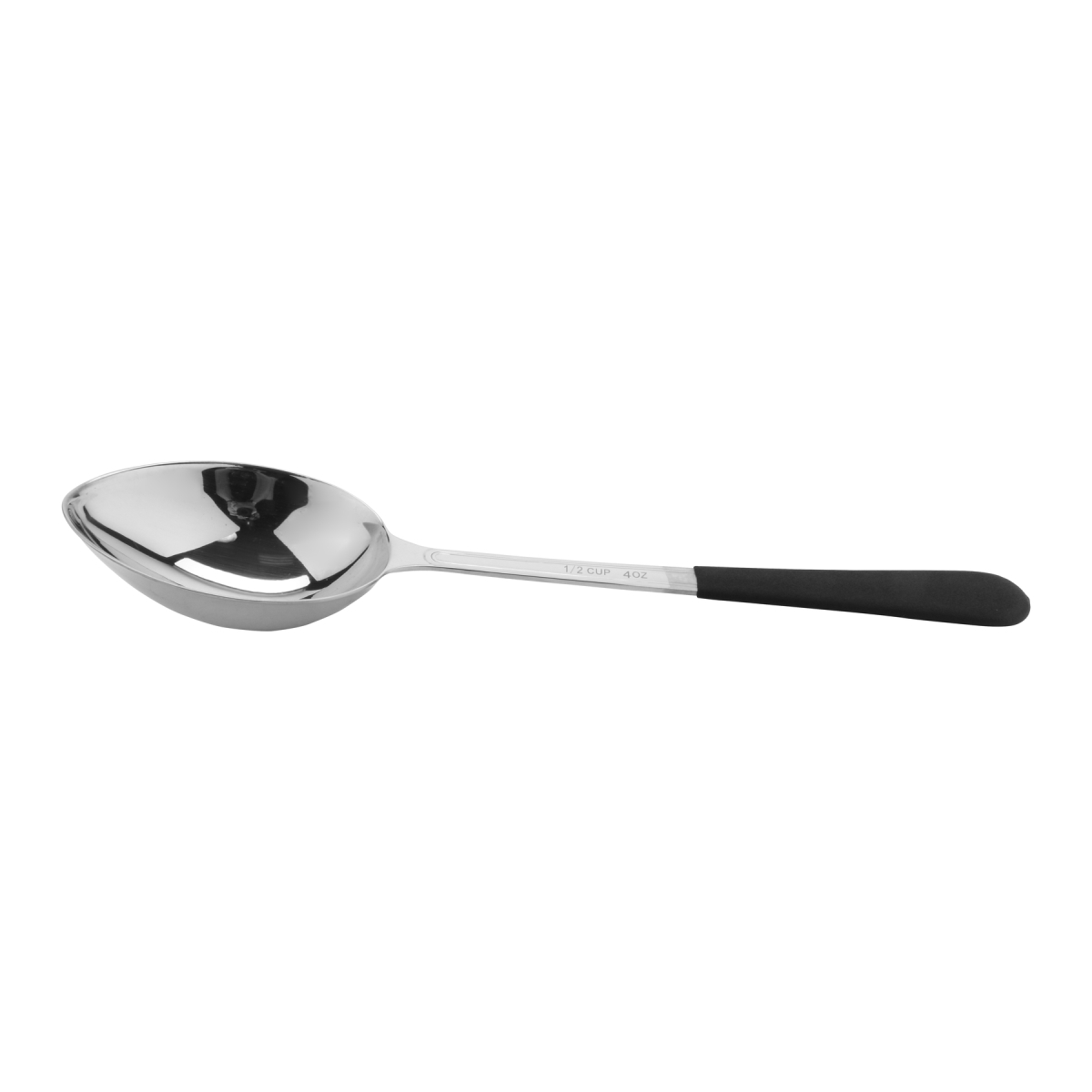 Picture of Winco BSRIM-31 12.75 in. Portion Control Solid Bowl Spoon with Textured Black Plastic Dipped Handle - 4 oz, 96 at Per Master, 6 at Per Inner - Each 12