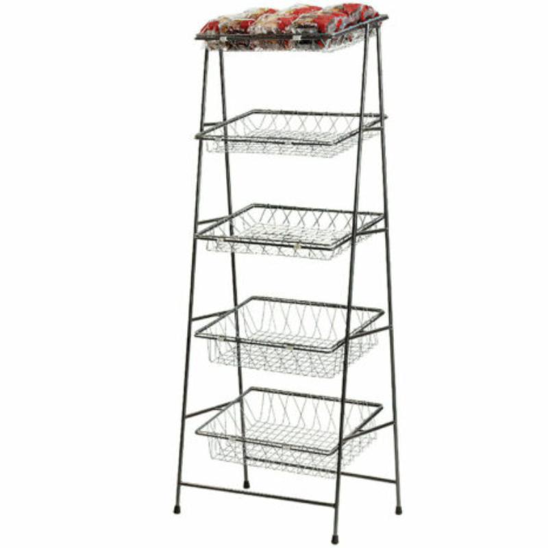 Picture of Winco IR-951T-NOBAR-MG Five Tier Merchandising Rack without Top Crossbar, 21.5 x 14 x 57 in., All Five Shelves Tilted, Powder Coated Iron, Matte Metal Grey