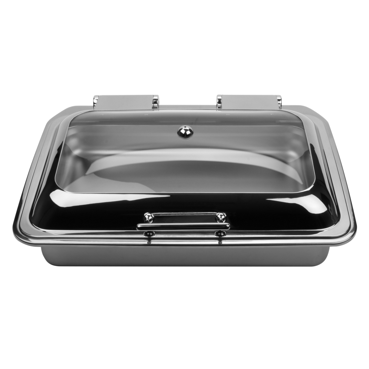 Picture of Winco ST11602114 Strata Rectangular & Oblong Clamshell Insert with Glass Lid, 8 qt., 22.5 x 16.5 x 8 in., Stainless Steel with A Glass Clamshell Lid, 2.5 in. Deep Standard Food Pan Is Included