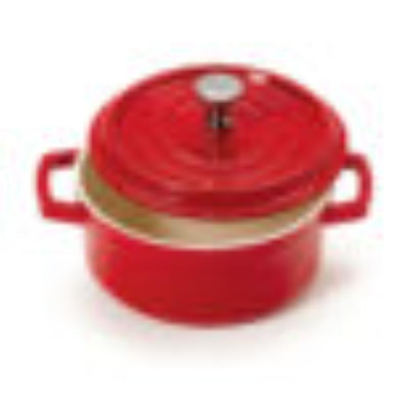 Picture of Winco CA-002-RW-CC 8 oz - 10 oz Rim-Full, 4.25 in. Mini Induction Ready Round Bistro Pot with Lid - 5.5 in. with Handles, 1.75 in. Deep - Red with White