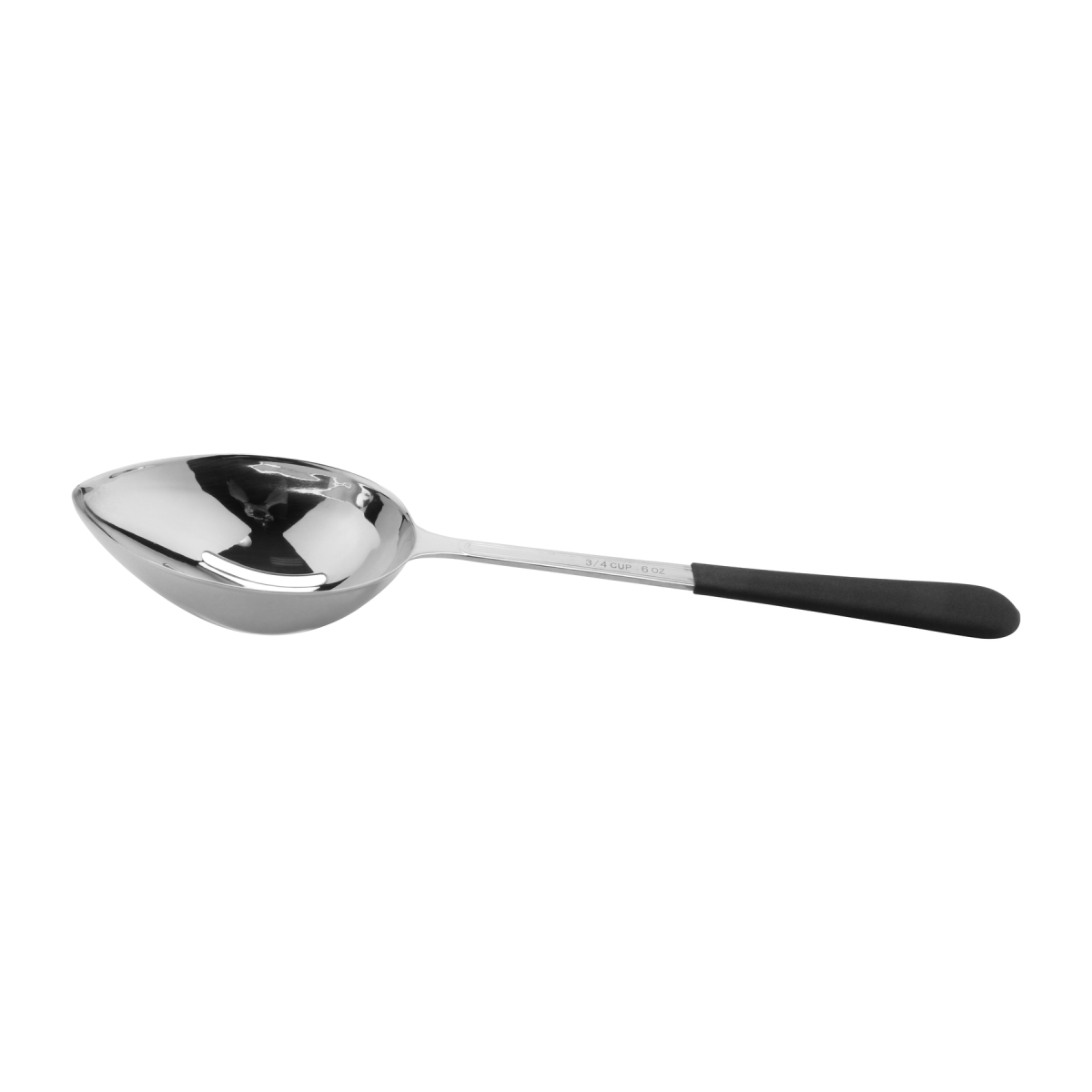 Picture of Winco BSRIM-36 13.5 in. Portion Control Slotted Bowl Spoon with Textured Black Plastic Dipped Handle - 6 oz, 96 at Per Master, 6 at Per Inner - Each 12