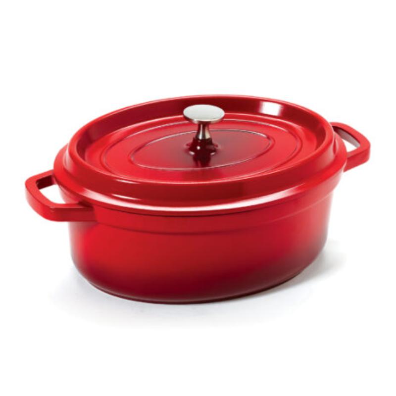 Picture of Winco CA-009-R-BK-CC 3.5 qt. - 3.75 qt. Rim-Full - 10.25 x 7.88 in. Induction Ready Oval Dutch Oven with Lid, 3.5 in. Deep - Clear Coat - Red