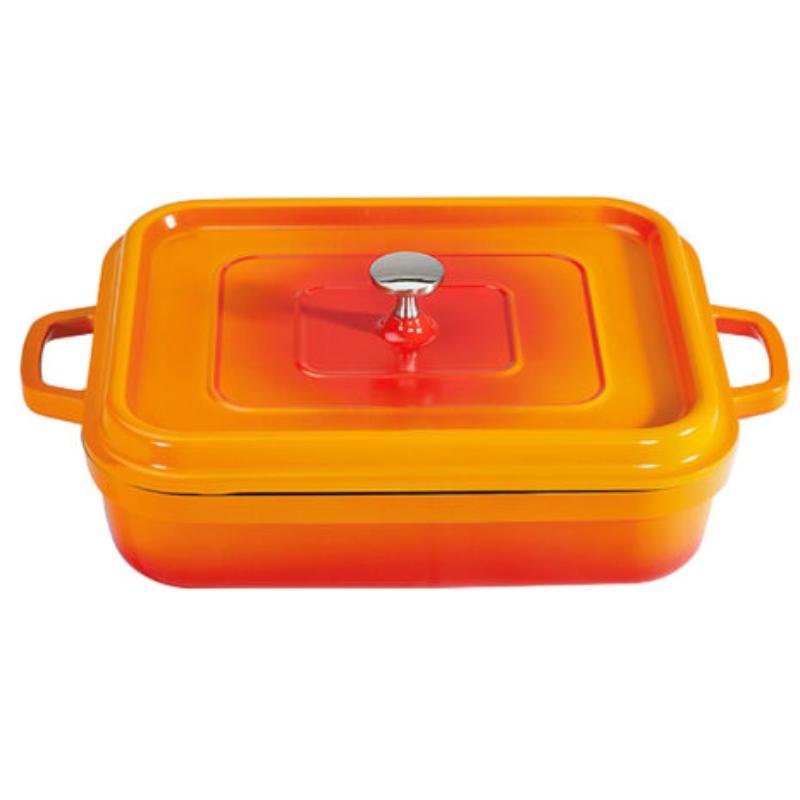 Picture of Winco CA-010-O-BK-CC 5 qt. - 5.25 qt. Rim-Full - 12.88 x 10.88 in. Induction Ready Rectangular Roaster with Lid, 2.76 in. Deep - Orange with Black Interior & Clear Coat