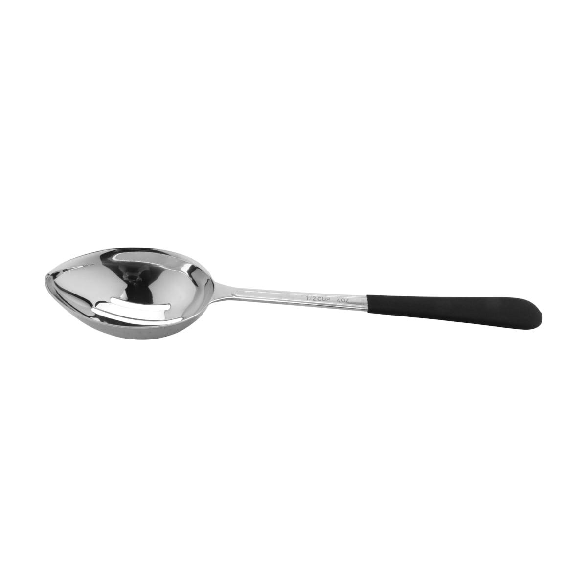 Picture of Winco BSRIM-35 12.75 in. Portion Control Slotted Bowl Spoon with Textured Black Plastic Dipped Handle - 4 oz, 96 at Per Master, 6 at Per Inner - Each 12