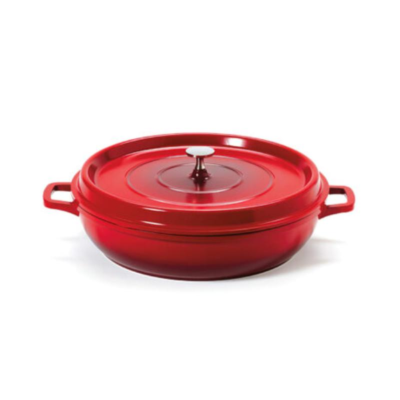 Picture of Winco CA-015-R-BK-CC 7.5 qt. Cast Aluminum Red with Clear Coat & Black Interior Induction Ready Round Braiser with Lid - 8 qt. Rim-Full - 14.74 in. Top Dia. - 17.96 in. Top Dia.