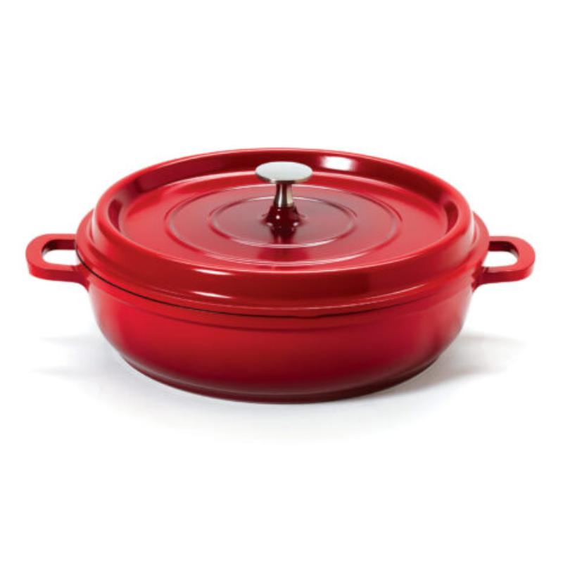 Picture of Winco CA-005-R-BK-CC 3 qt. - 3.5 qt. Rim-Full - 10.25 in. Induction Ready Round Braiser & Paella with Lid, 2.88 in. Deep - Clear Coat - Red