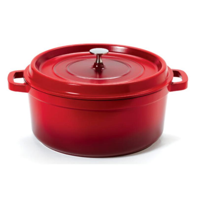 Picture of Winco CA-006-R-BK-CC 6.5 qt. - 7 qt. Rim-Full - 11 in. Induction Ready Round Dutch Oven with Lid, 4.5 in. Deep - Clear Coat - Red