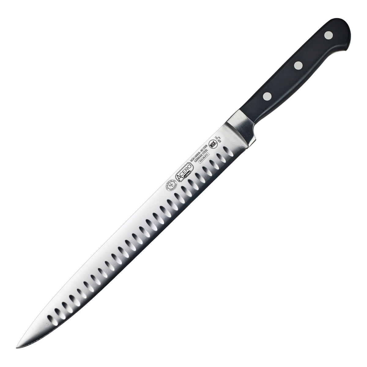 Picture of Winco KFP-101 Acero 10 in. Granton Edge Slicer, Triple Riveted, Full Tang Forged Blade