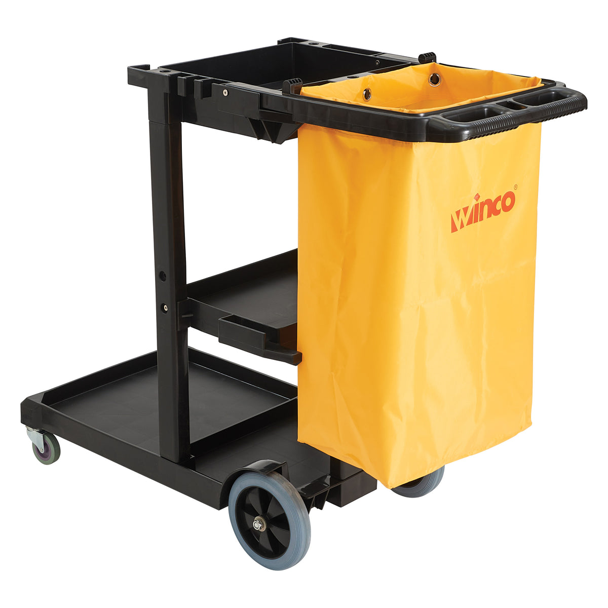 Picture of Winco PJC-4538 Janitorial Cart with 3 Shelves & Removable Bag - 45 x 18.25 x 38.25 in., Black