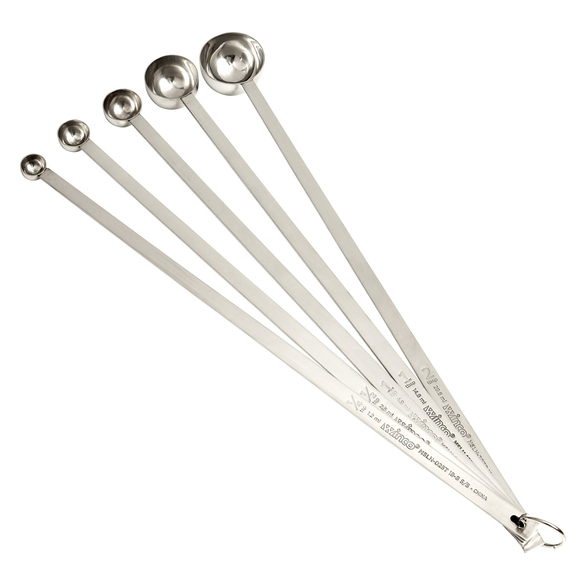 Picture of Winco MSLH-5P 18-8 Stainless Steel Measuring Spoons with Long Handle Set, 14.63 in. - 5 Piece
