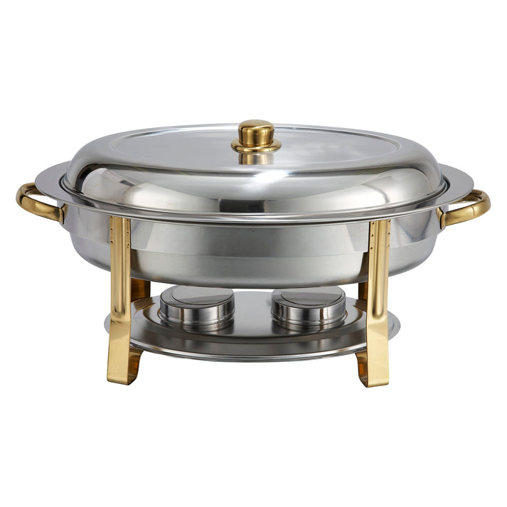 Picture of Winco 202 Malibu 6 qt. Oval Chafer, Stainless Steel, Gold Accent
