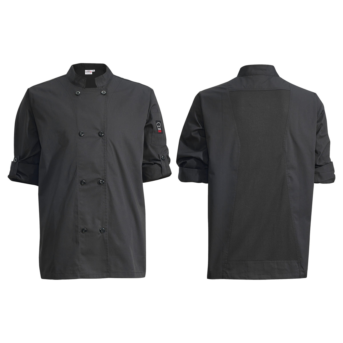 Picture of Winco UNF-12KM Ventilated Chef Jacket with Roll-Tab Sleeves, Tapered Fit, Black - Medium