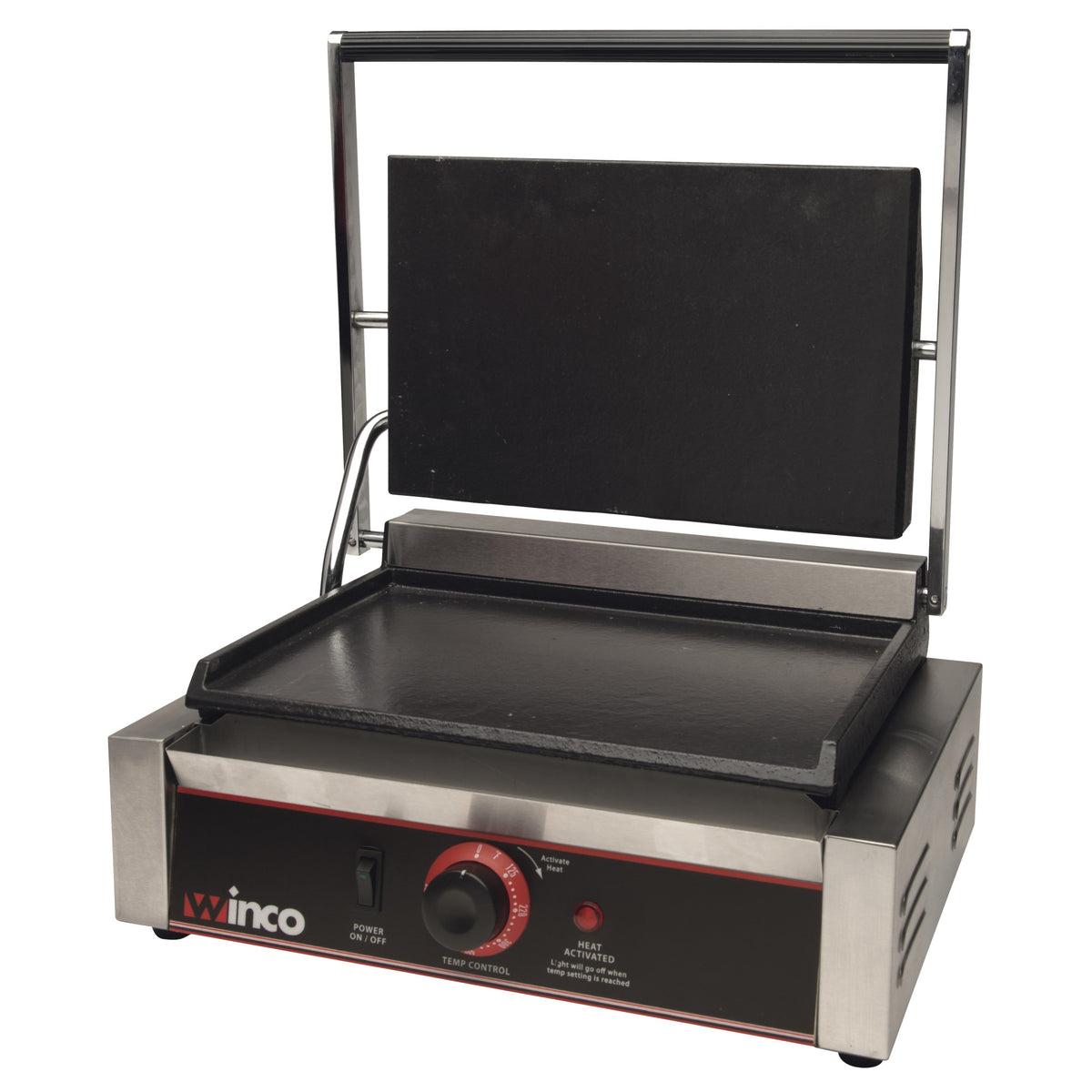 Winco ESG-1 Single Commercial Panini Press w/ Cast Iron Smooth Plates, 120v, Electric, Countertop, Stainless Steel