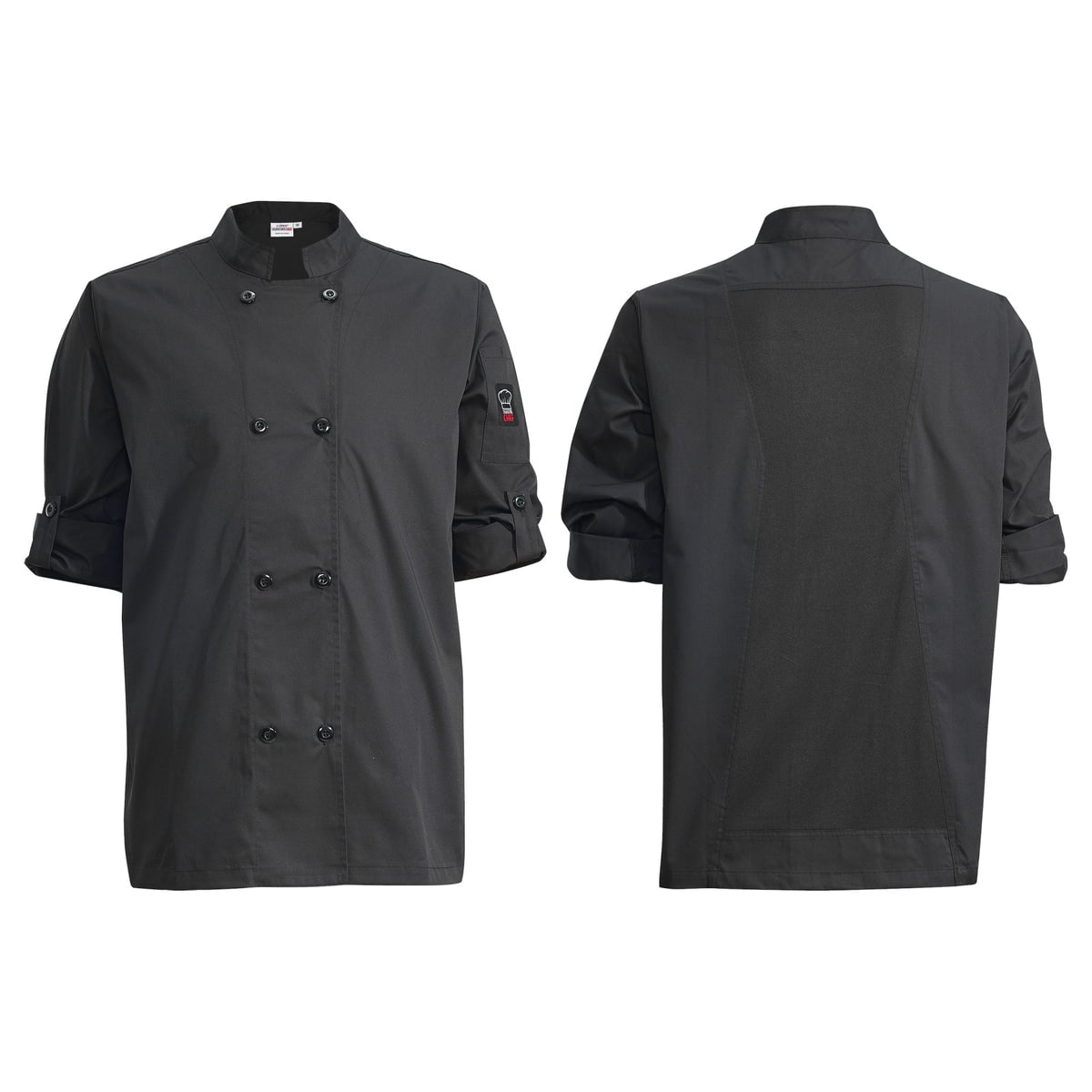 Picture of Winco UNF-12KL Ventilated Chef Jacket with Roll-Tab Sleeves, Tapered Fit, Black - Large