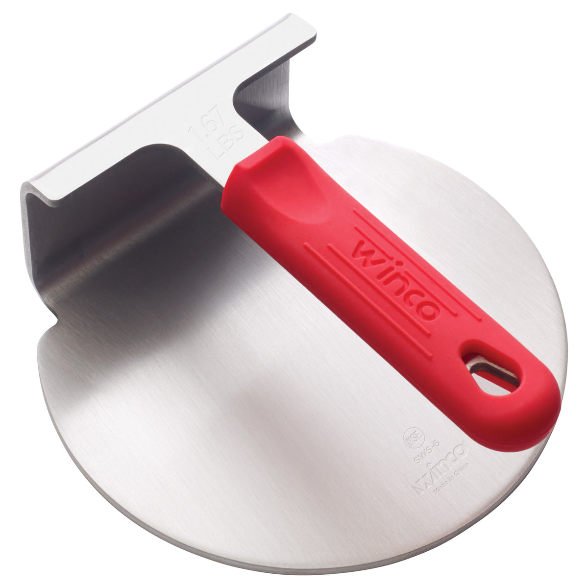 Picture of Winco SWS-6 18-8 Stainless Steel Smashed Burger Press with Red Silicone Sleeve, 6 in. Dia.
