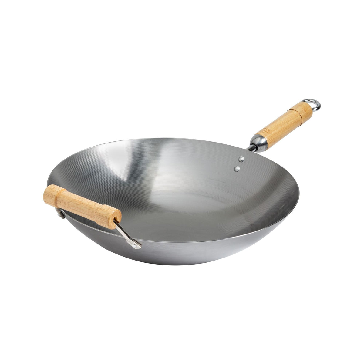 Picture of Winco J20-1140 Joyce Chen Uncoated Carbon Steel Round Bottom Wok with Birch Handles, 14 in.
