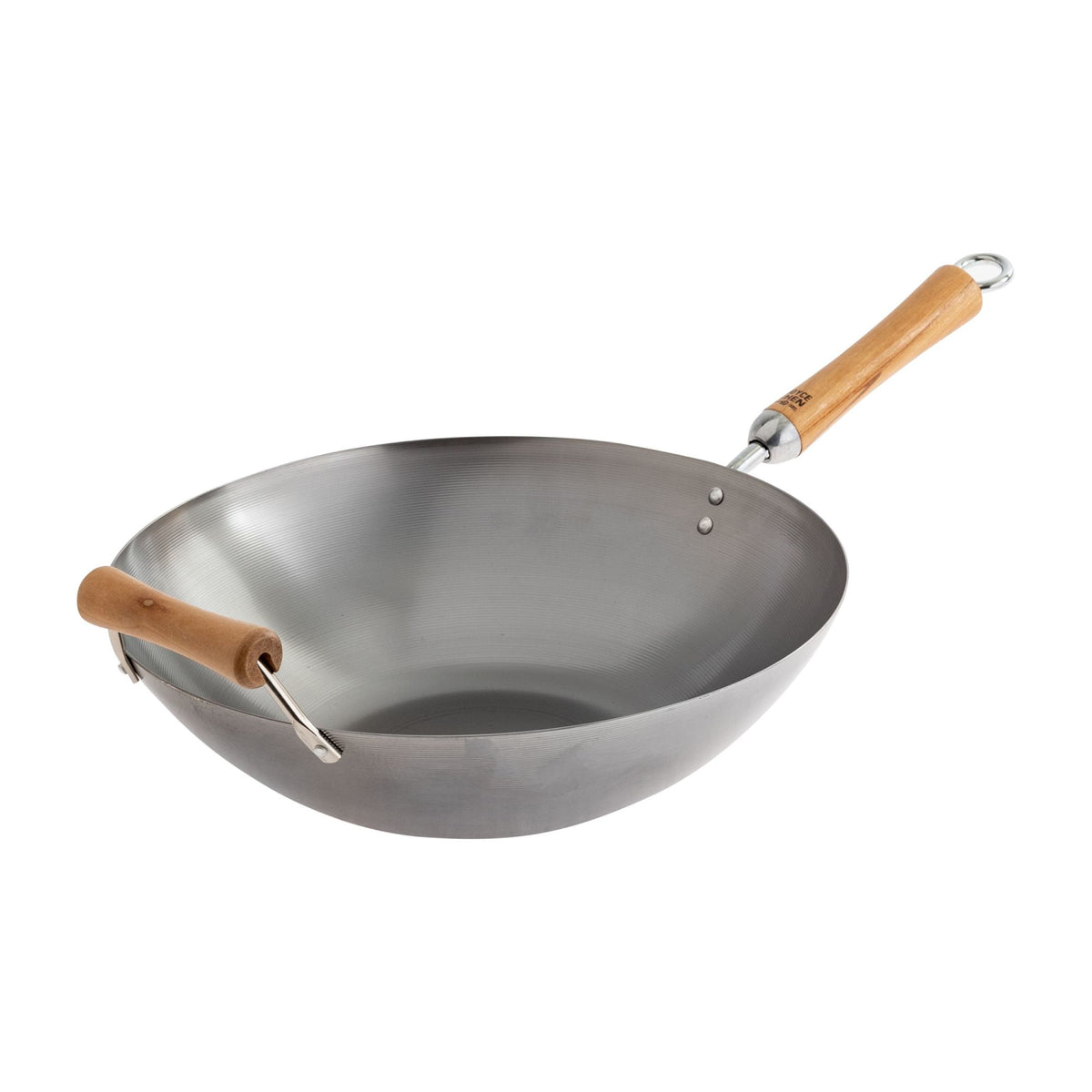 Picture of Winco J21-9978 Joyce Chen Uncoated Carbon Steel Flat Bottom Wok with Birch Handles, 14 in.