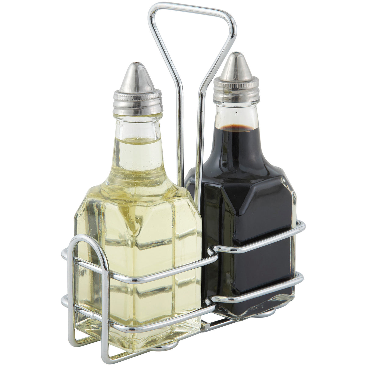 Picture of Winco G-104S Two 6 oz Square Bottle Set with Lids & Chrome-Plated Rack