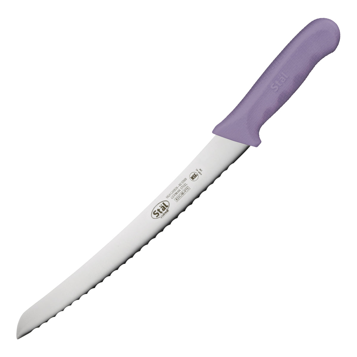 Picture of Winco KWP-91P Stal 9.5 in. Bread Knife, Curved - Allergen-Free, Purple Polypropylene Handle