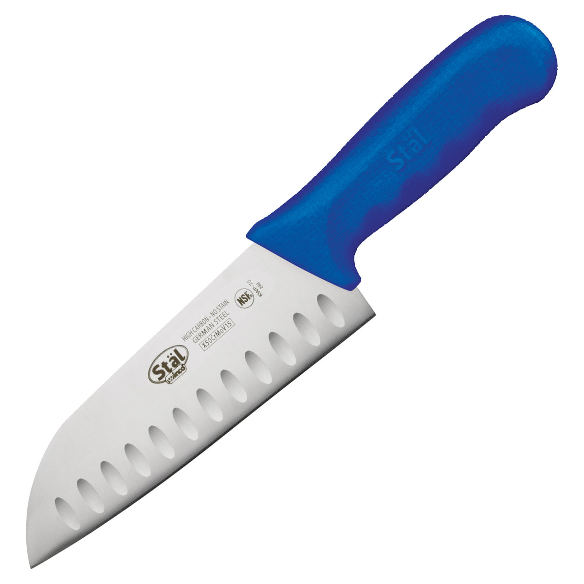 Picture of Winco KWP-70U Stal 7 in. Santoku Knife - Blue Polypropylene Handle