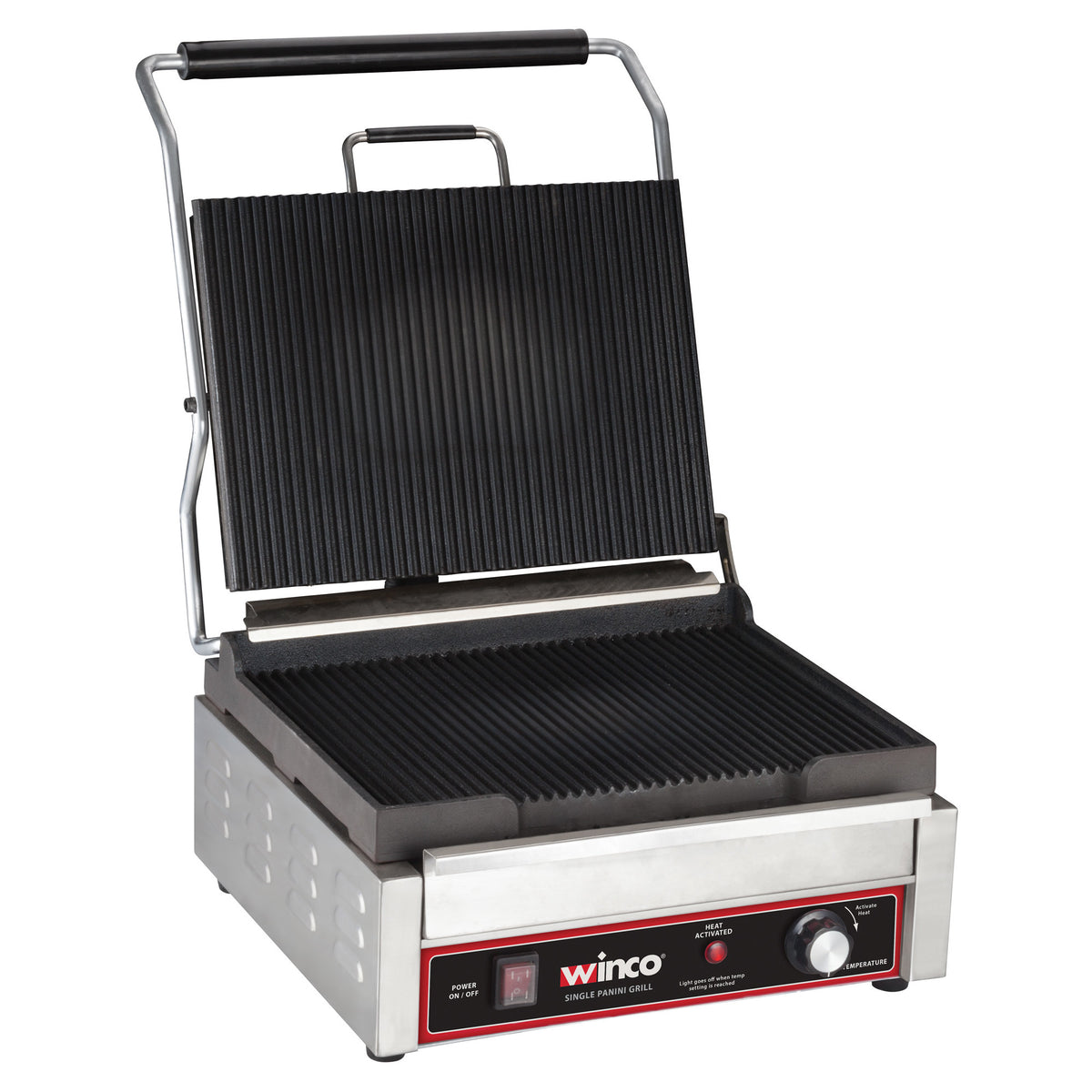 Picture of Winco EPG-1C Single Panini Grill, 14 in. Ribbed Plate - 120V, 1750W, 14.5A