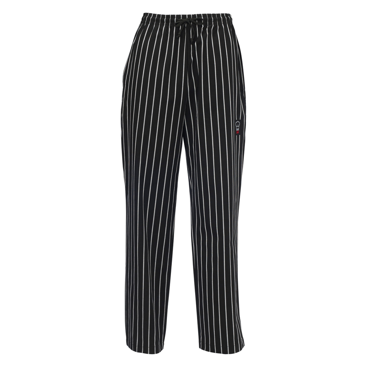 Winco UNF-3CM Medium Signature Chef Relaxed Fit Chef Pants - Chalkstripe, Poly-Cotton, Black