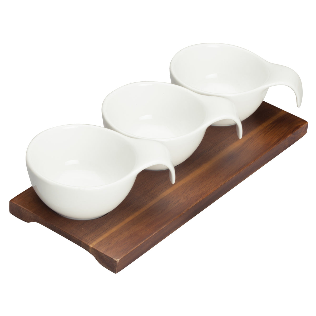Picture of Winco WDP015-102 9.38 x 4 in. Porcelain Trio Bowl Set with Wooden Plate, Bright White, Set of 24