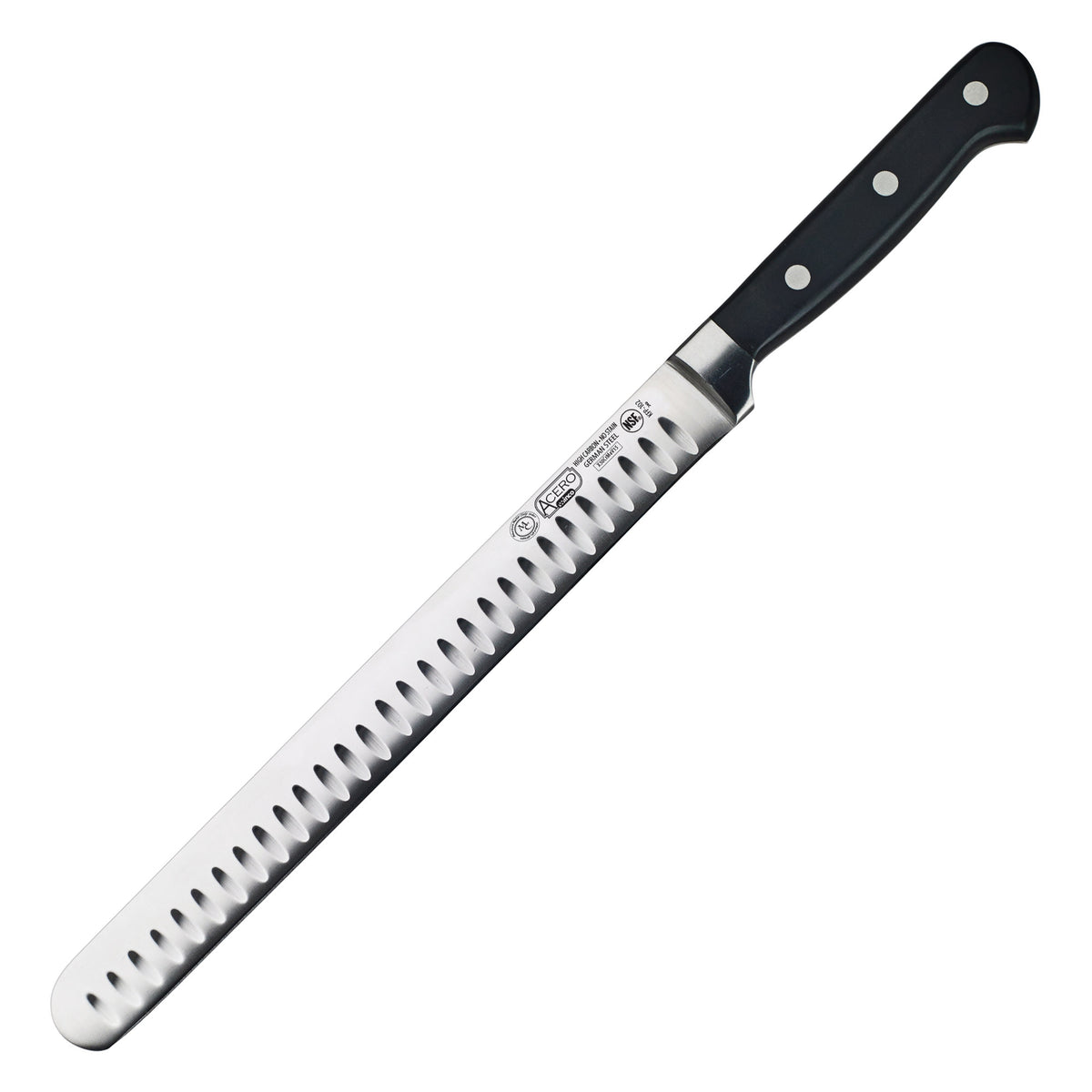 Picture of Winco KFP-102 Acero 10 in. Fish & Roast Slicer with Granton Edge - Triple Riveted, Full Tang Forged Blade