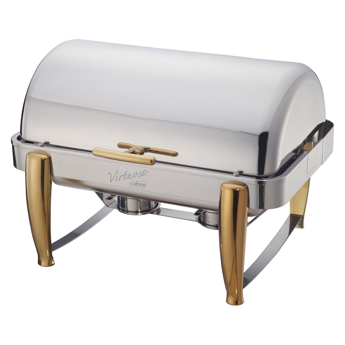Picture of Winco 101A Virtuoso Collection 8 qt. Full-Size Roll-Top Chafer, Extra Heavyweight - Stainless Steel, Gold Accent