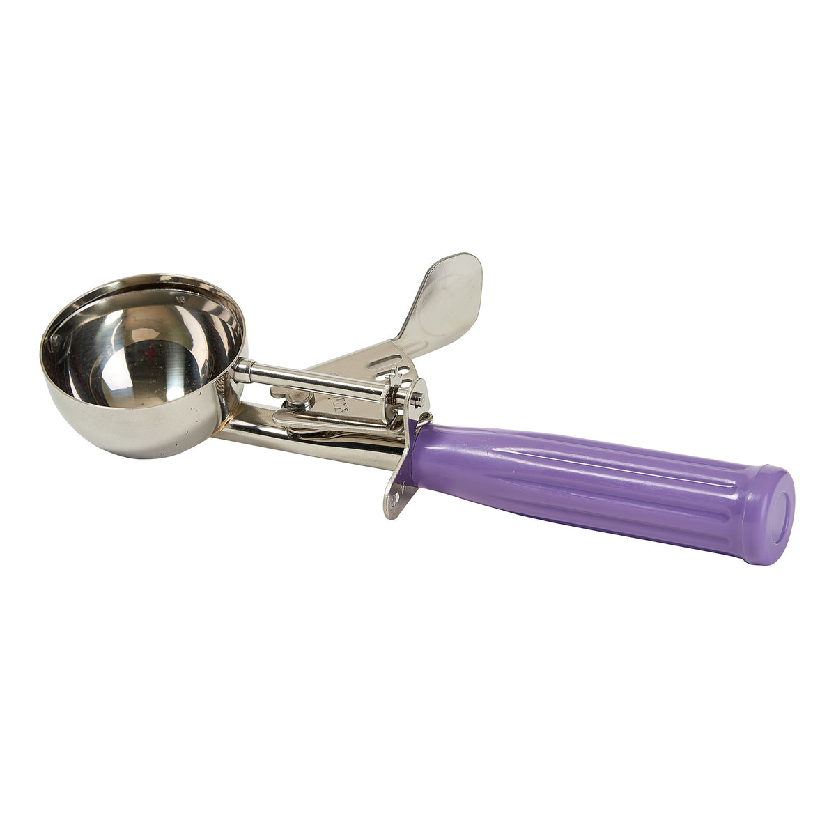 Picture of Winco ICD-16P Allergen-Free Stainless Steel Thumb Press Disher with Purple Polypropylene Handle, Size 16