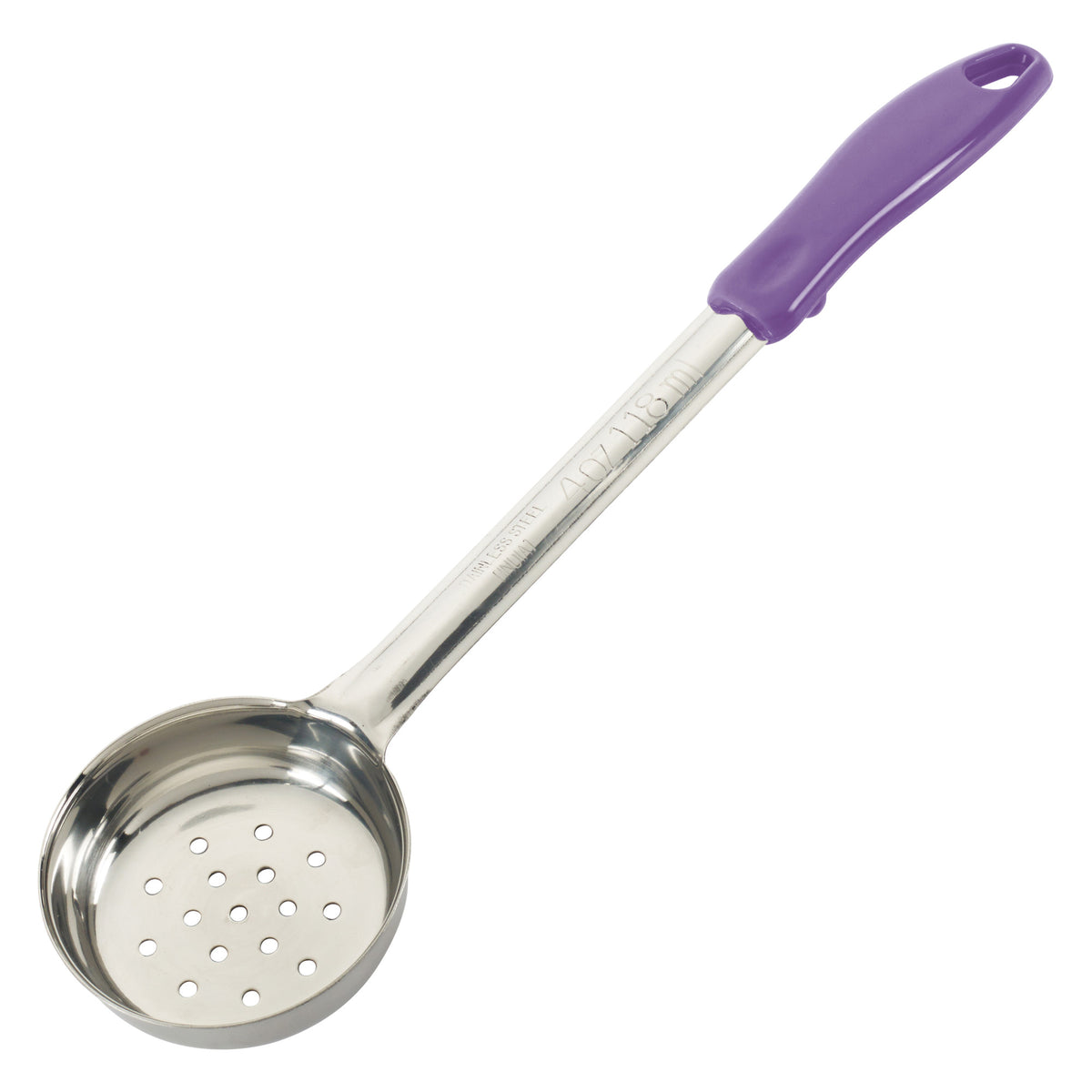 Picture of Winco FPP-4P Allergen-Free Stainless Steel Portioners - Perforated, 4 oz - Purple Handle