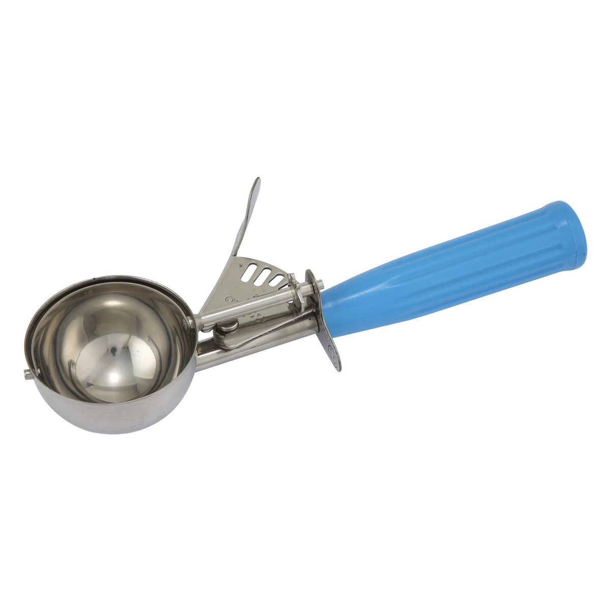 Picture of Winco ICD-16 Stainless Steel Thumb Press Disher with Plastic Handle, Size 16 - Blue