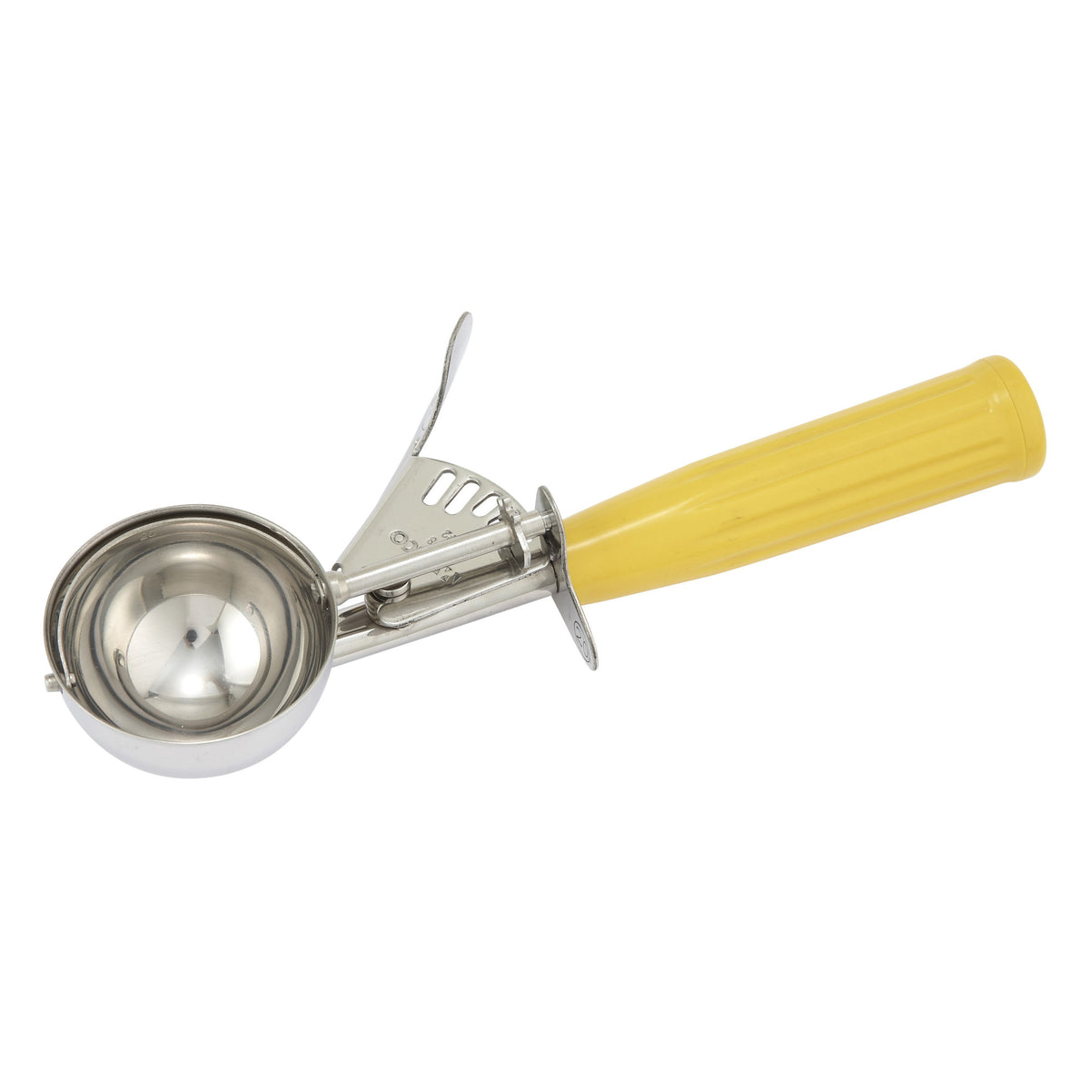 Picture of Winco ICD-20 Stainless Steel Thumb Press Disher with Plastic Handle, Size 20 - Yellow