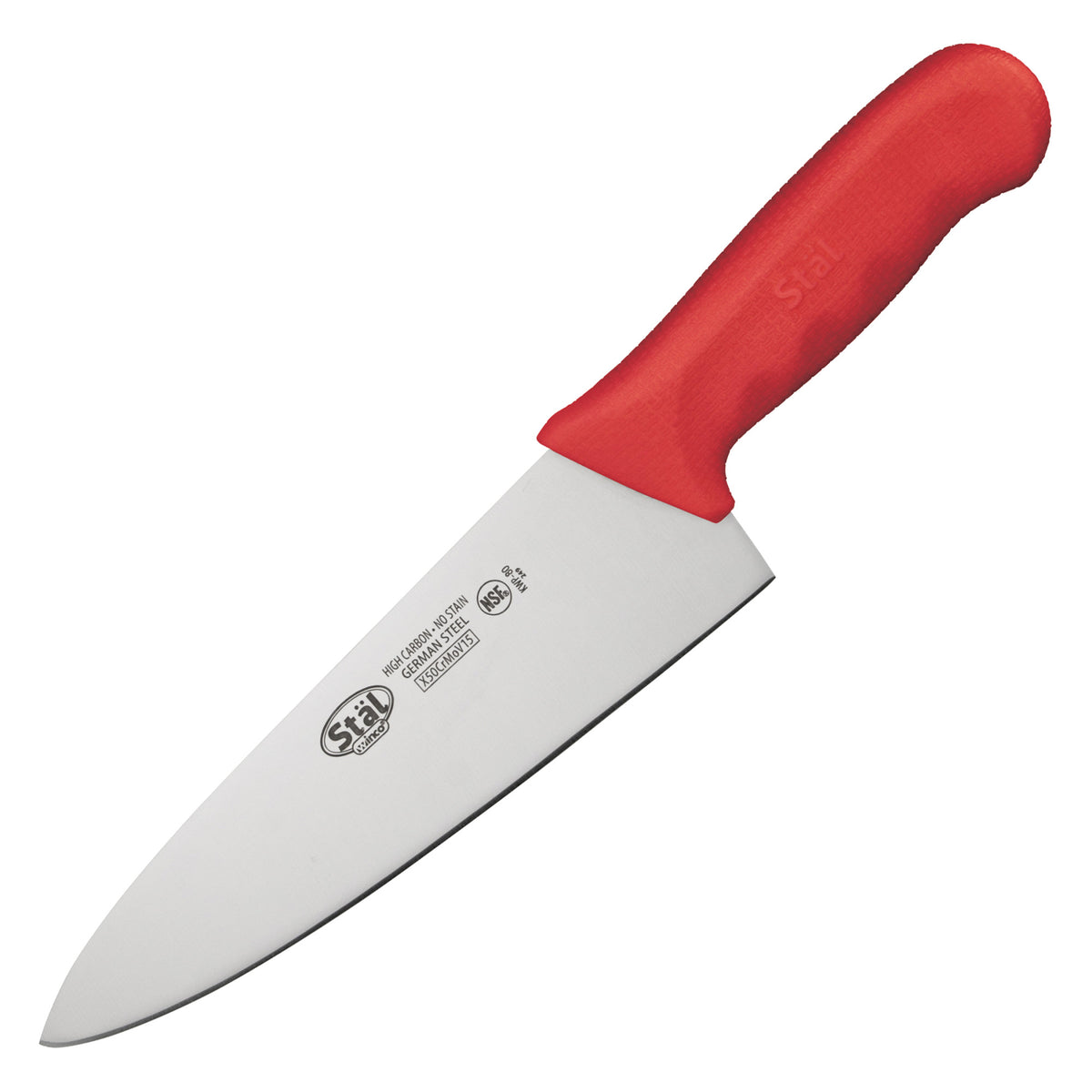 Picture of Winco KWP-80R Stal 8 in. Chefs Knife - Red Polypropylene Handle