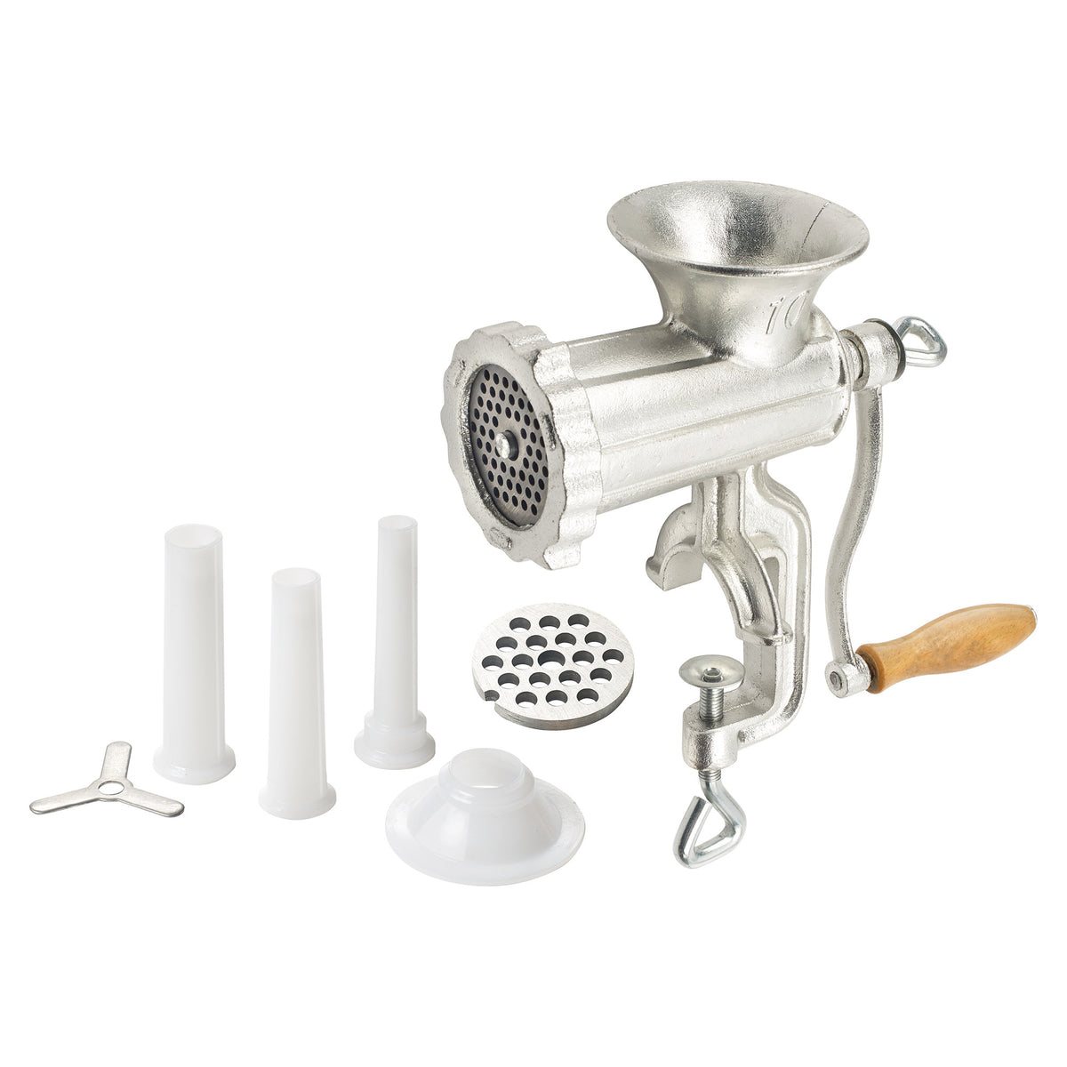 Picture of Winco MG-10 Kattex Heavy-Duty Cast Iron Meat Grinder with 2 Plates & 3 Stuffing Tubes