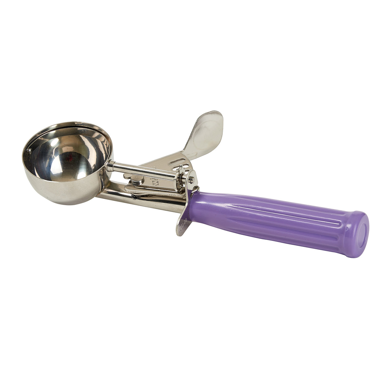 Picture of Winco ICD-20P Allergen-Free Stainless Steel Thumb Press Disher with Plastic Handle, Size 20, Purple Polypropylene Handle