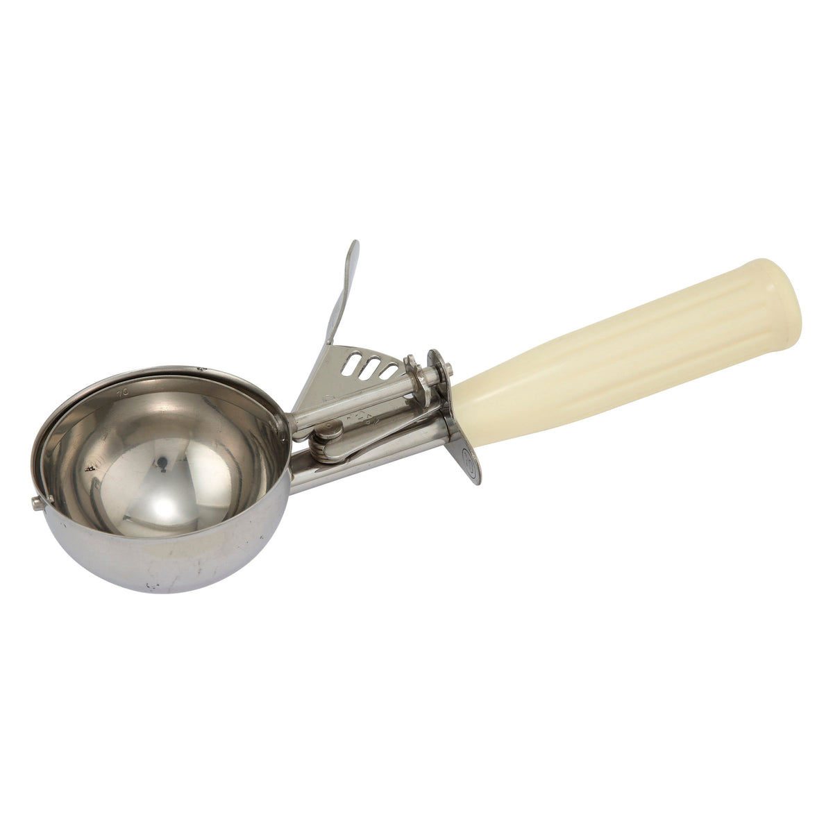 Picture of Winco ICD-10 Stainless Steel Thumb Press Disher with Plastic Handle, Size 10 - Ivory