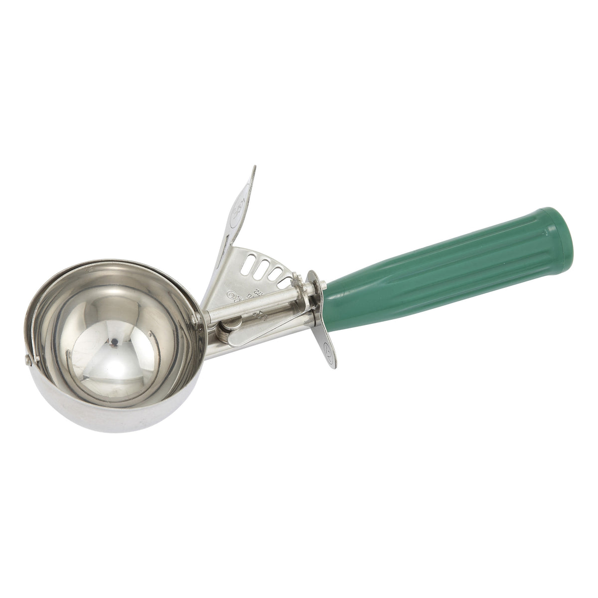 Picture of Winco ICD-12 Stainless Steel Thumb Press Disher with Plastic Handle, Size 12 - Green